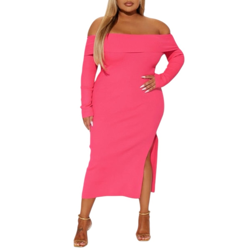 Plus Size, Fashion Nova Pink Ribbed Off-Shoulder Bodycon Dress, Size 1X